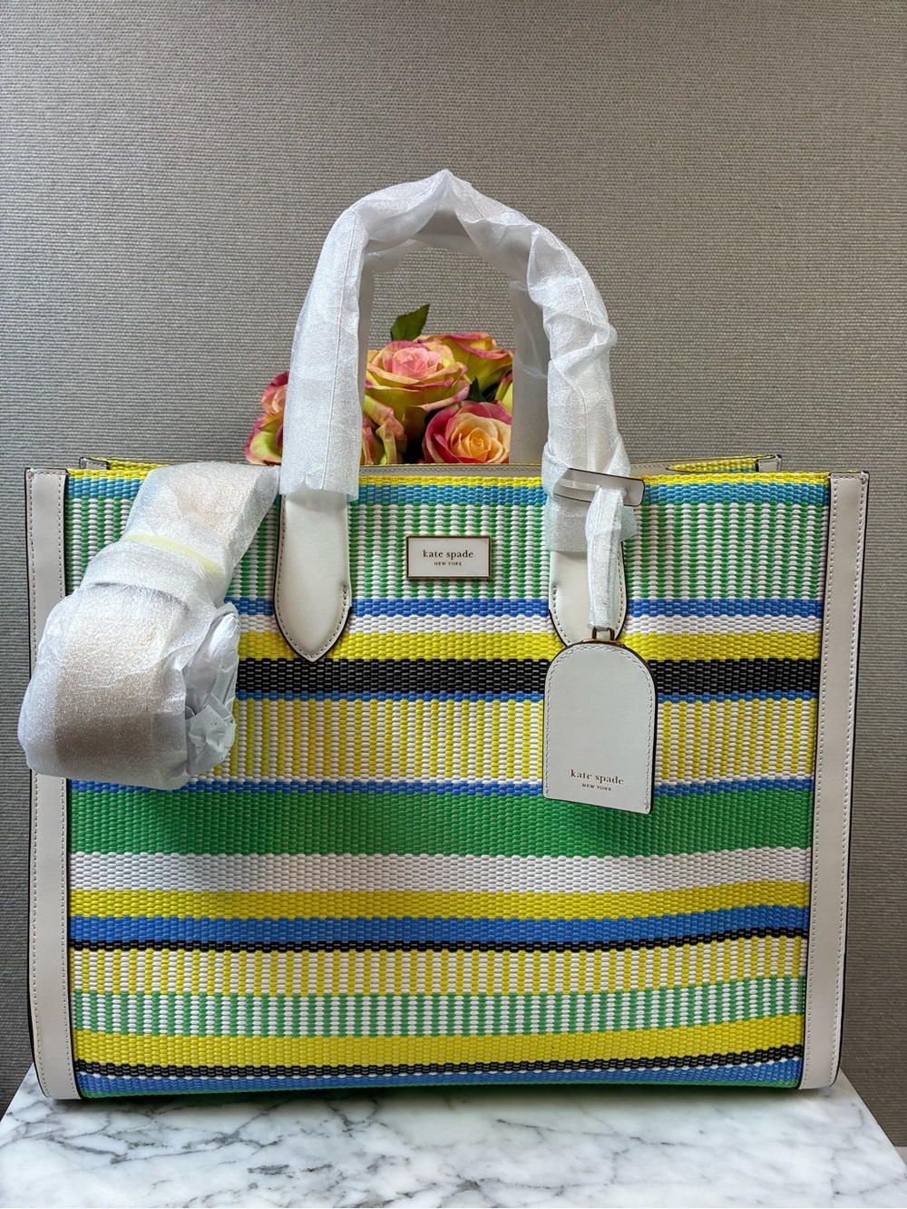 Kate Spade Green Multi Striped Woven Manhattan Large Tote - NWT $498 Retail